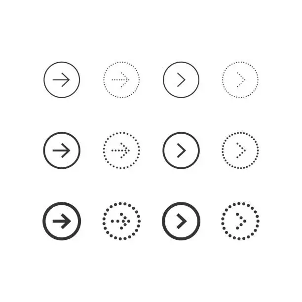 Vector illustration of Circle arrow. Dotted arrow. Next button. Right outline symbol. Vector Stock Illustration.