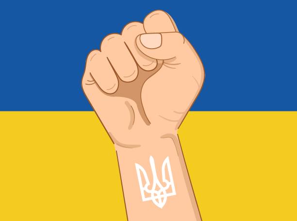 ilustraciones, imágenes clip art, dibujos animados e iconos de stock de mano puño escudo de armas de la bandera ucrania - ukraine trident ukrainian culture coat of arms