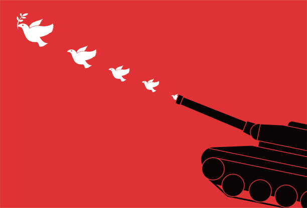 반전 포스터, 탱크 대포에서 비행 평화 비둘기 - war stock illustrations