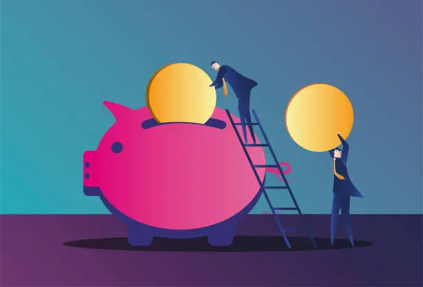 Vector illustration of Two business men put wealth into piggy bank