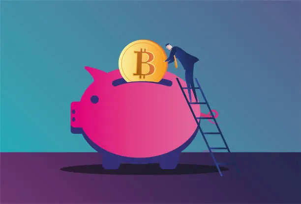 Vector illustration of business man put bitcoin in piggy bank