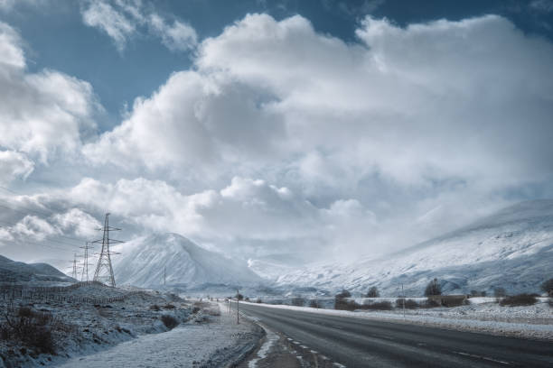 Winter road through Scottish Highlands and snowy mountains. Scotland, United Kingdom