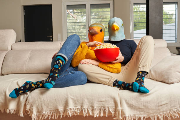 A couple with bird masks watching a movie on the sofa A young couple dressed in bird masks eat popcorn on the sofa at home while watching series on streaming platforms bizarre fashion stock pictures, royalty-free photos & images