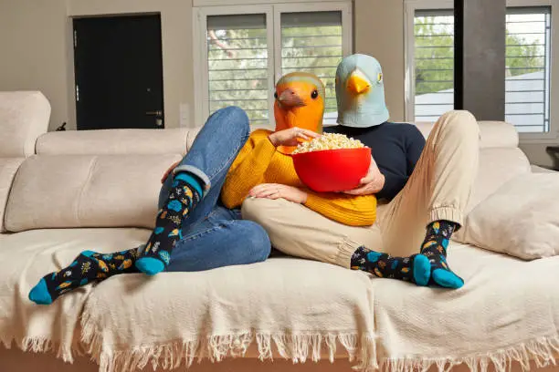 Photo of A couple with bird masks watching a movie on the sofa