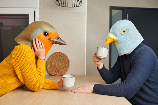 Couple disguised with bird mask drink coffee in the kitchen domestic scene concept