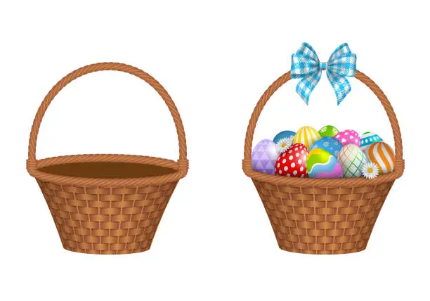 Vector illustration of Isolated empty wicker basket and basket with colorful easter eggs