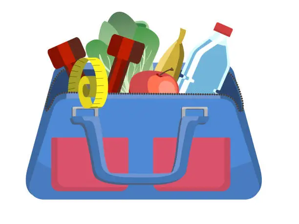 Vector illustration of Vector illustration of a gym bag filled with vegetables, fruits, dumbbells, measure tape and water bottle.
