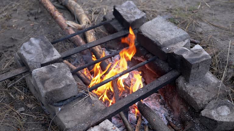 Bright Blazing Bonfire with Burning out Firewood Outdoors. Slow motion. Close up