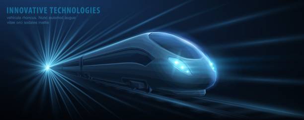 Fast modern express passenger train on high speed railway moving from flash light vector art illustration