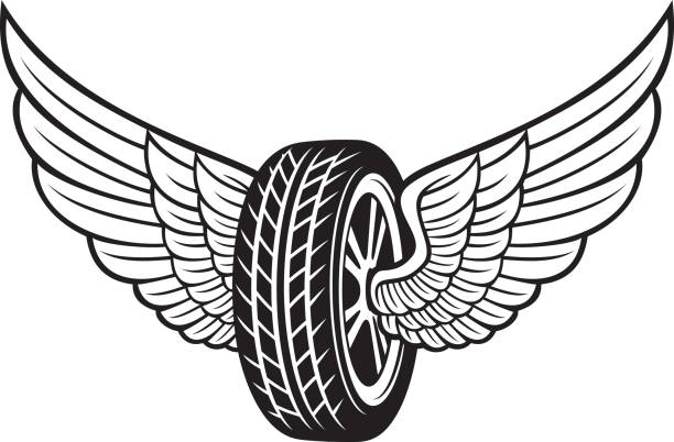 ilustrações, clipart, desenhos animados e ícones de roda (pneu) e asas preto e branco. - wing insignia metal silver