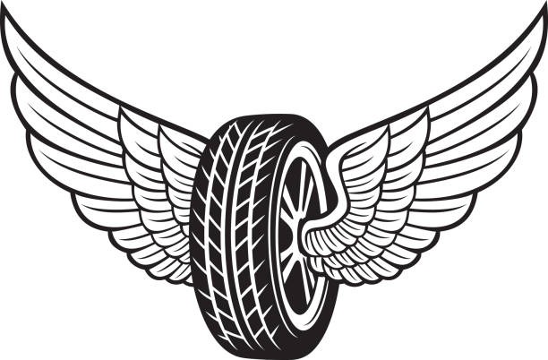 Wheel (tyre) and wings black and white. vector art illustration