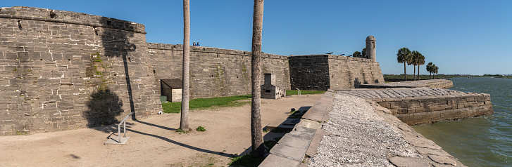 Castillo de San Marcos National Monument - the ancient Spanish fortress, the major tourist attraction and landmark in Saint Augustine, Florida. Extra-large, high-resolution  stitched panorama.