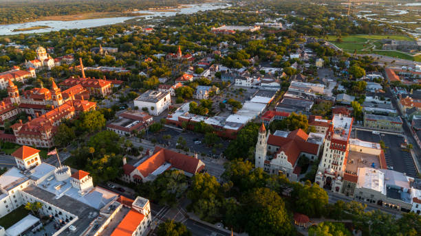 aerial view of the downtown of  saint augustine with the historic  flagler college and the cathedral basilica, florida. - saint augustine cathedral imagens e fotografias de stock