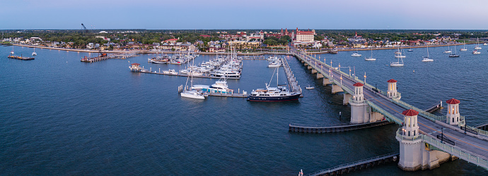 The Bridge of Lions over the Matanza River and the distant view of  the skyline of Saint Augustine, Florida, on the morning. Extra-large, high-resolution  stitched panorama.