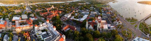 saint augustine, florida, includes the cathedral basilica, flagler college, marina on the matanzas river, and other landmarks. extra-large, high-resolution stitched panorama. - saint augustine cathedral imagens e fotografias de stock