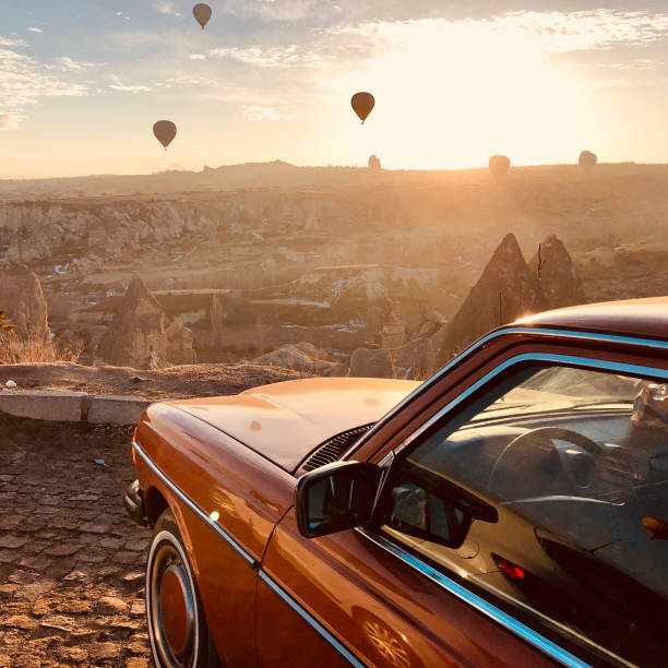 The hot air balloon ride above Cappadocia mountain, Turkey stock photo
