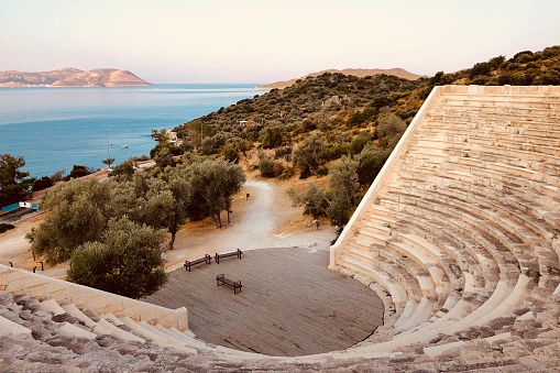 A small amphitheater on the seaside of Aegean Sea on a very tranquil morning, Turkey
