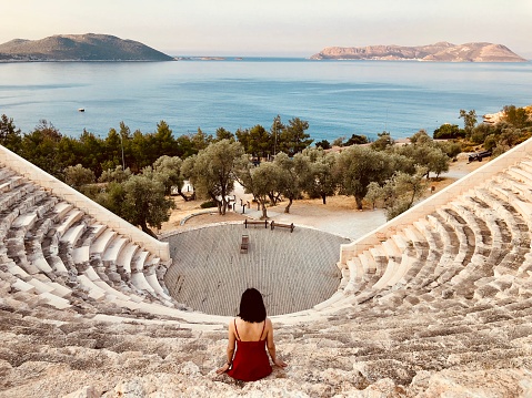 A small amphitheater on the seaside of Aegean Sea on a very tranquil morning, Turkey