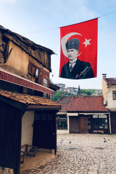 The banner with the portrait of Ataturk hanging on the street of Safranbolu, Turkey stock photo