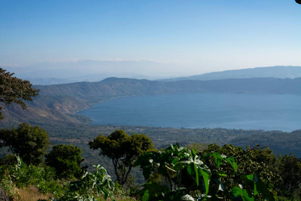 aerial view of the lake coatepeque in salvador. santa ana, el salvador. - el salvador lake scenics nature imagens e fotografias de stock