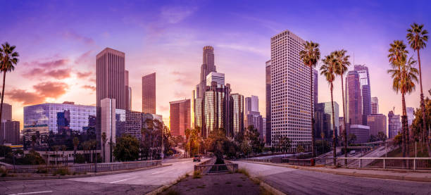 los angeles the skyline of los angeles during sunset southern california photos stock pictures, royalty-free photos & images