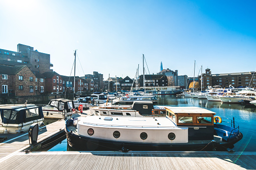 Marina and luxury flats, St Katharine Dock, London, England, UK