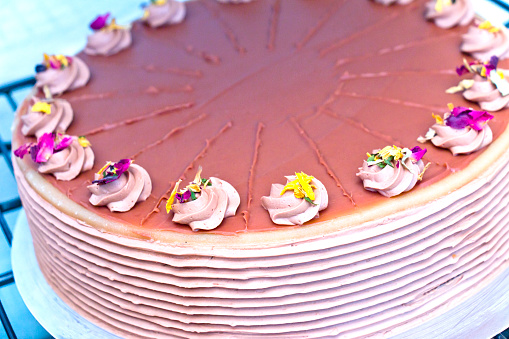 Viennese vanilla gateaux with edible flowers.\nVanilla buttercream gateaux, the top is covered with fine layer of chocolate, the cream swirls are decorated with edible flowers.\nThis image is part of a series.