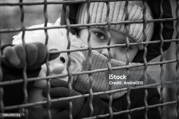 Little Refugee Girl With A Toy Behind A Metal Fence Social Problem Of Refugees And Internally Displaced Persons Stock Photo - Download Image Now