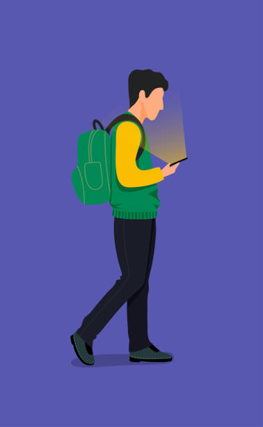 Fashion man with empty  bag are watching mobil phone while walking vector art illustration