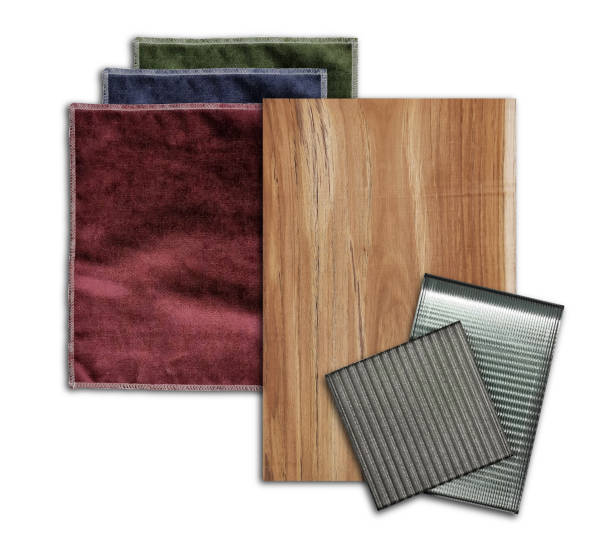 istock conbination of interior materials sample including corrugated glasses, wooden plank and multi color of velvet fabrics isolated on background with clipping path. interior materials for selection. 1384597267
