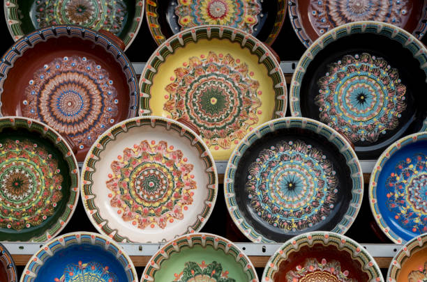 Colorful traditional Trojan pottery painted plates from Bulgaria, Europe\