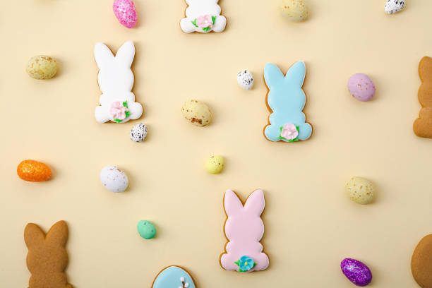 istock Yellow Easter sweet eggs and bunny top view holiday concept 1384603221