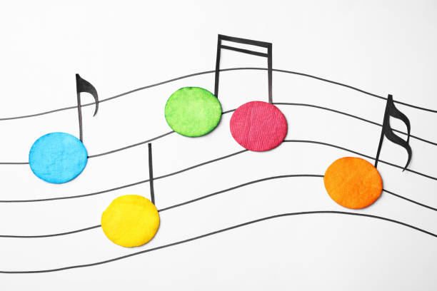 Dyed cotton pads as musical notes on white background, flat lay