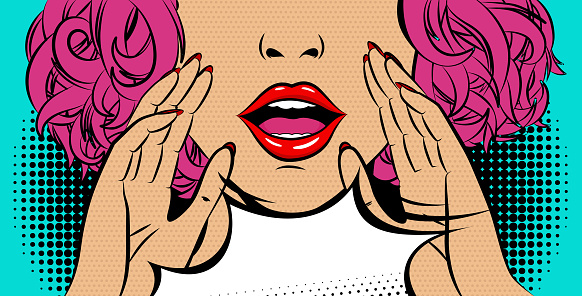 Comic book girl in pop art style. Emotional pretty woman trying to tell or announcing secret message. Beautiful lady keeping hand near her mouth.