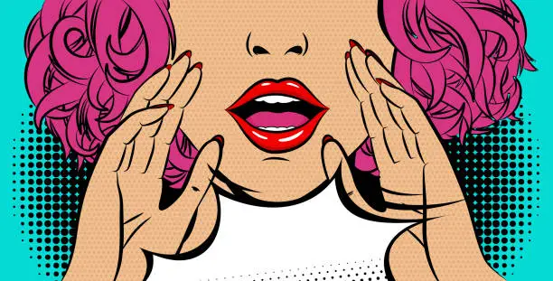 Vector illustration of Comic book girl in pop art style. Emotional pretty woman trying to tell or announcing secret message. Beautiful lady keeping hand near her mouth