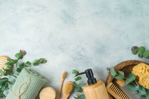 istock Zero waste concept. Body care products with eucalyptus branches on gray concrete background. Top view, flat lay 1384610561
