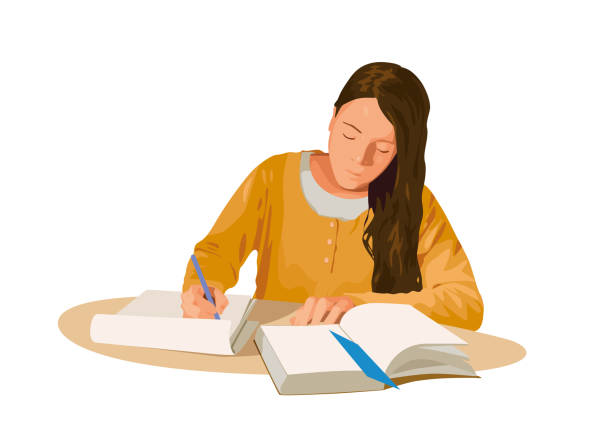 студентка читает книгу, сидя за столом, и делает заметки в блокноте - paper document pen long hair stock illustrations