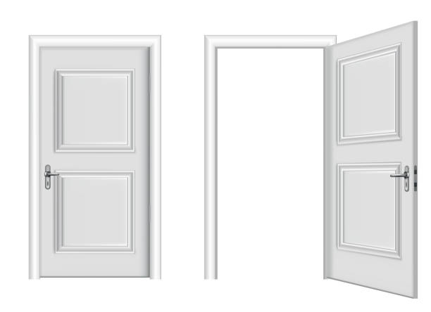 istock Open and closed white entrance. Realistic door isolated on white background. Clean design white door template. Decorative house element 1384612530