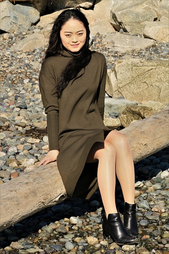 A Chinese model sitting on a log at a beach on a sunny day. She is wearing a khaki green dress and black shoes.
