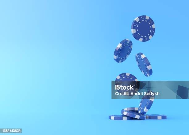 Lots Of Blue Poker Chips Falling Down On A Blue Background With Copy Space Stock Photo - Download Image Now