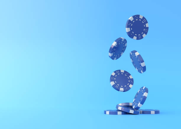 lots of blue poker chips falling down on a blue background with copy space - gambling chip poker casino ace imagens e fotografias de stock