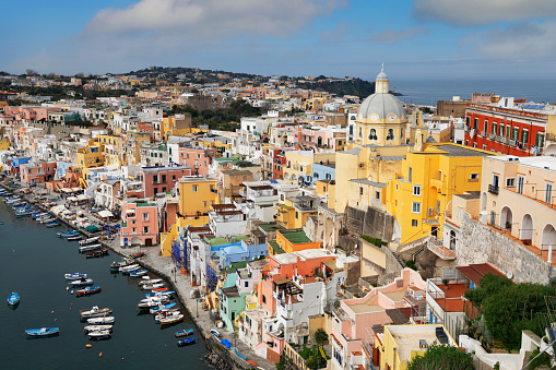 Procida, Italy old town skyline in the Mediterranean in the afternoon.