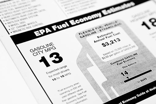 A close up of the environmental protection agency (EPA) fuel mileage rating of a large SUV.