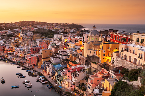 Procida, Italy old town skyline in the Mediterranean in the evening.