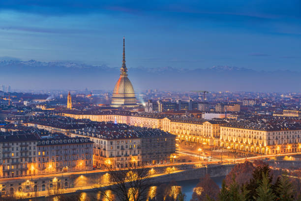 Turin, Piedmont, Italy skyline with the Mole Antonelliana stock photo