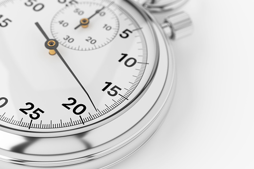 Classic metallic chrome analog stopwatch close up. 3d rendering illustration.