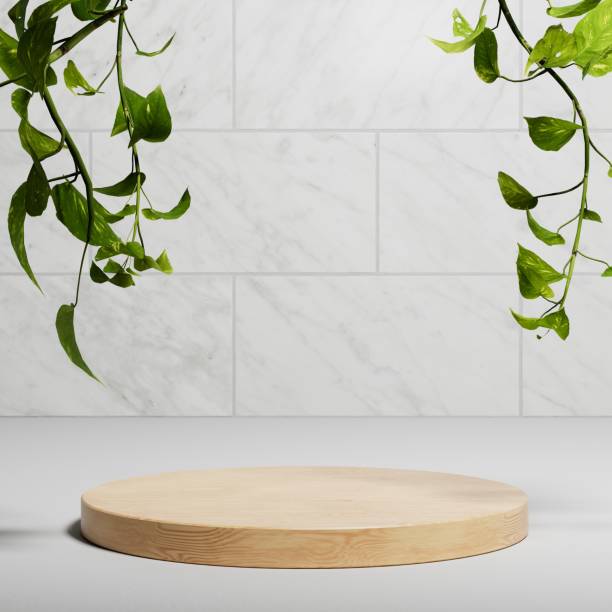 Product podium stage for mockup presentation, green plants, natural marble texture, background stock photo