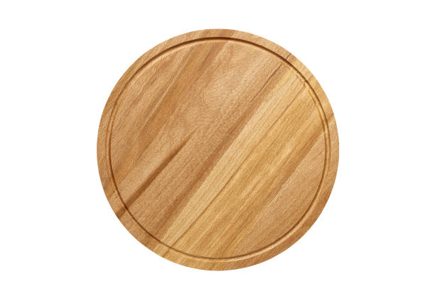 round cutting board wooden for pizza, empty, isolated on white background with clipping path. - cutting board plank wood isolated imagens e fotografias de stock