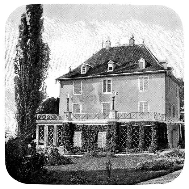 Schloss Arenenberg in Thurgau, Switzerland. Vintage halftone etching circa 19th century.