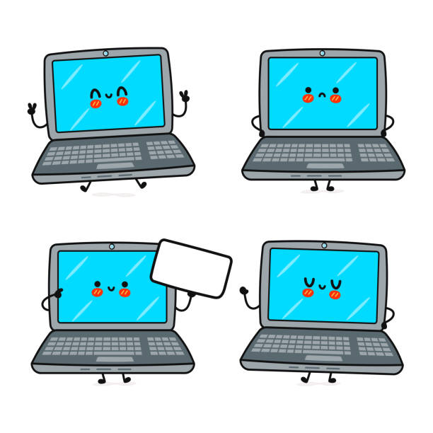 ilustrações de stock, clip art, desenhos animados e ícones de funny cute happy laptop characters bundle set. vector hand drawn doodle style cartoon character illustration icon design. isolated on blue background. cute laptop mascot character collection - computer keyboard computer sadness emoticon